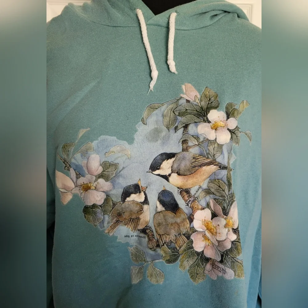 Vintage Hoodie Women's - Teal Blue-Green with Chickadee Bird Scene - Cozy - Picture 2 of 7